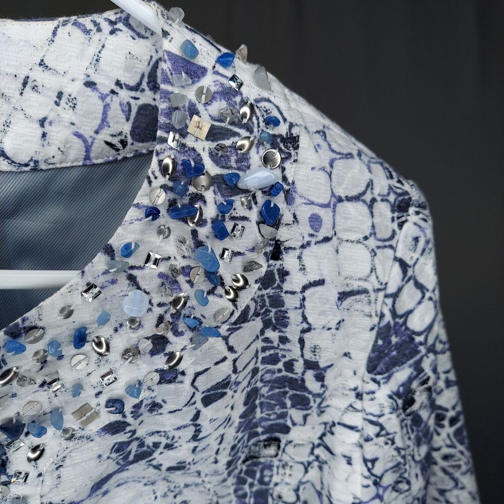 Chicos Blazer Jacket XL Purple White Cotton Textured Beaded Pocket 3/4 Hook-Eye - Picture 4 of 8